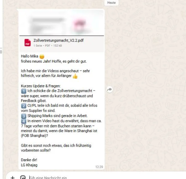 WhatsApp-Feedback zu Mikas Video-Guide zur Zollvertretungsmacht