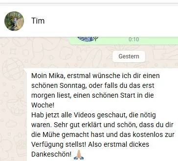WhatsApp-Feedback von Tim: gut erklärte Videos, kostenlos zur Verfügung gestellt
