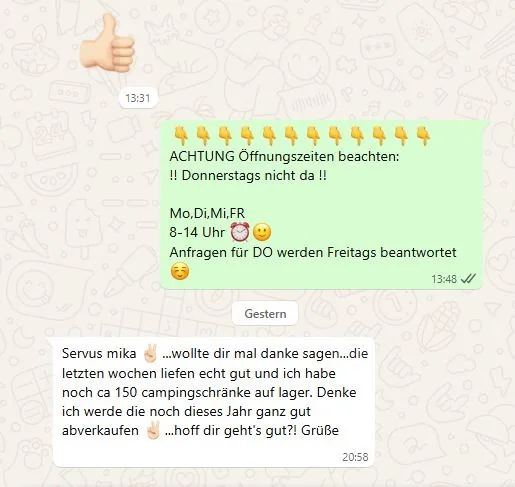 WhatsApp-Feedback: Dank für Mikas Unterstützung, Geschäfte laufen gut